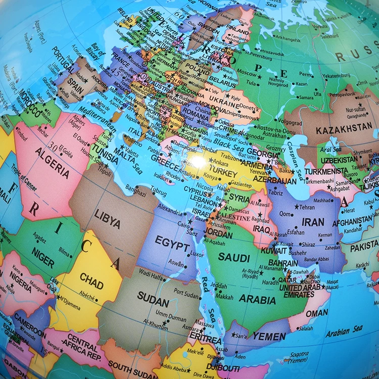 20cm (8") Political World Globe with Metal Meridian & White Wooden Base detail view 3