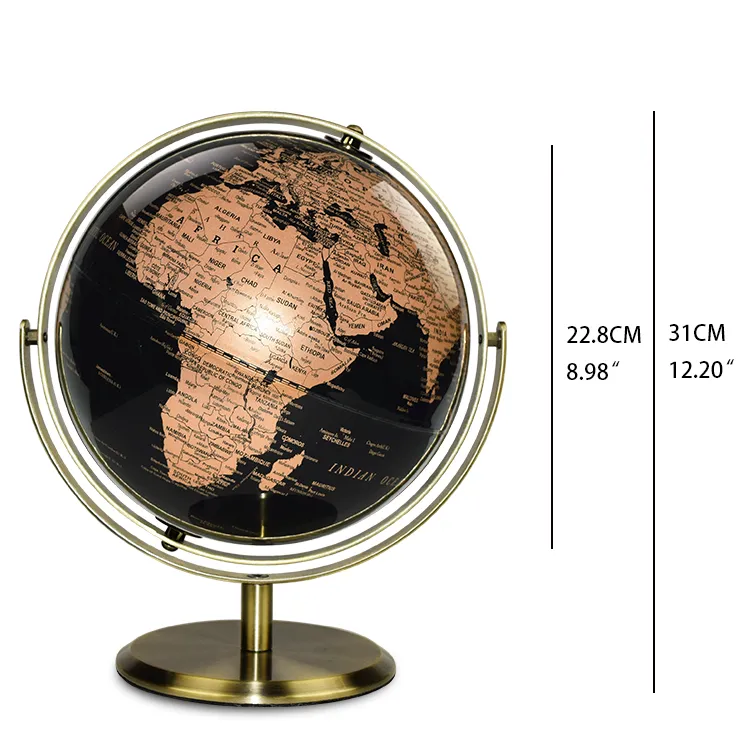 22.8cm (9") Artistic Golden Metallic World Globe with Metal Base & Meridian detail view 1