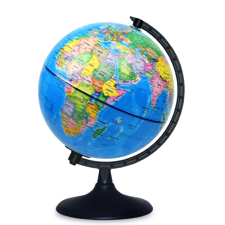 20cm (8") Political World Globe with Black Painted Metal Base & Meridian detail view 2