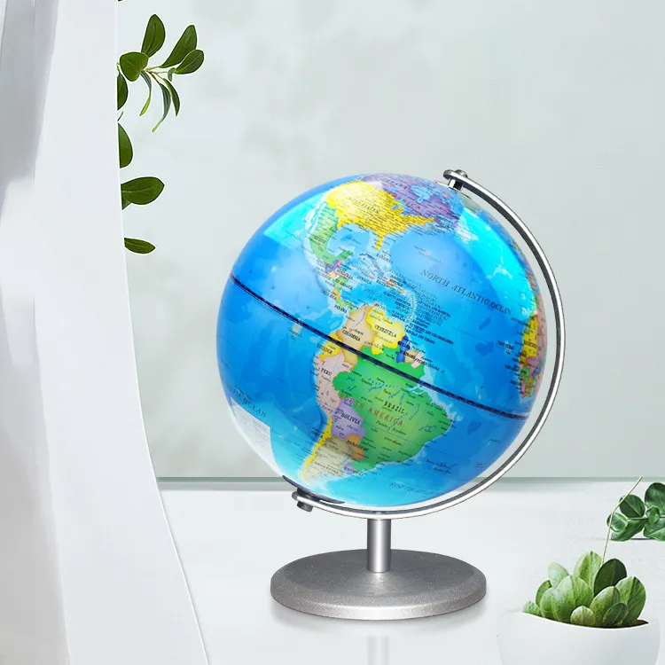 20cm (8") Political World Globe with Silver Painted Metal Base & Meridian - World Globe