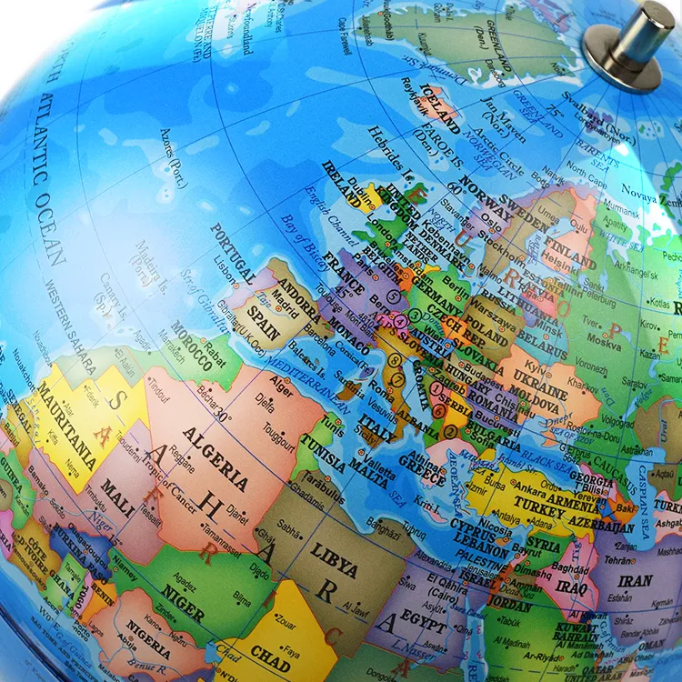20cm (8") Political World Globe with Silver Painted Metal Base & Meridian detail view 4
