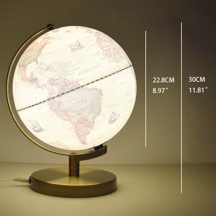 22.8cm (9") Illuminated Antique World Globe with Bronze Metal Base & Meridian detail view 1