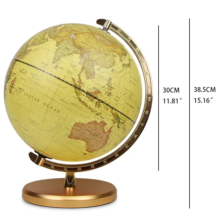 30cm (12") Antique World Globe with Electroplated Golden Metal Base & Meridian detail view 1