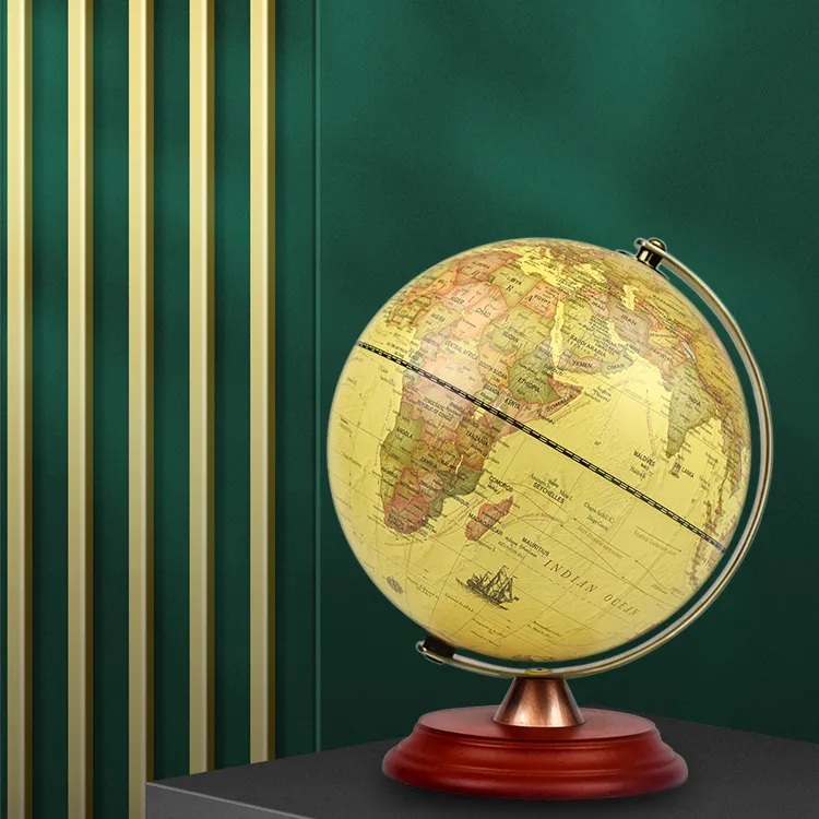 22.8cm (9") Antique World Globe with Metal Meridian & Solid Wood Base - World Globe