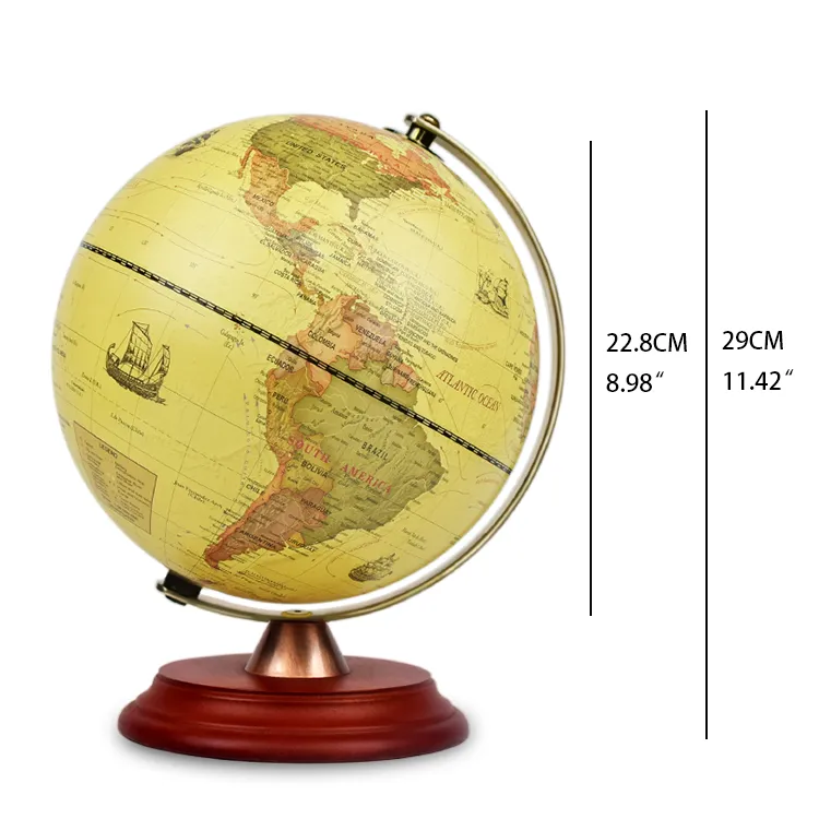 22.8cm (9") Antique World Globe with Metal Meridian & Solid Wood Base detail view 1