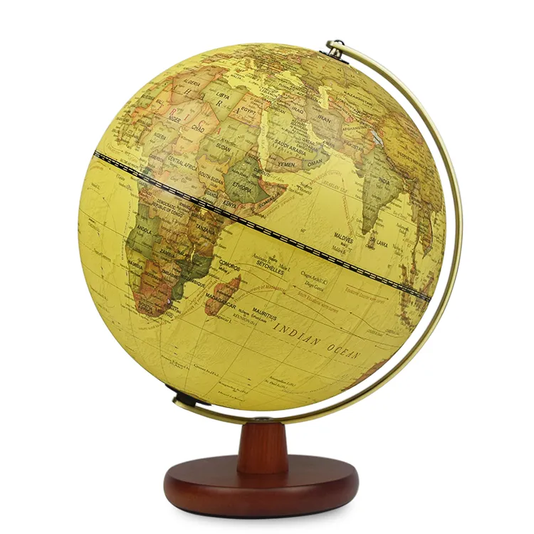30cm (12") Antique World Globe with Metal Meridian & Walnut Solid Wood Base - World Globe
