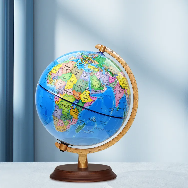 25cm (10") Political World Globe with Numbered Metal Meridian & Solid Wood Base - World Globe