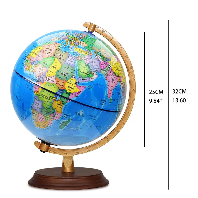 25cm (10") Political World Globe with Numbered Metal Meridian & Solid Wood Base detail view 1